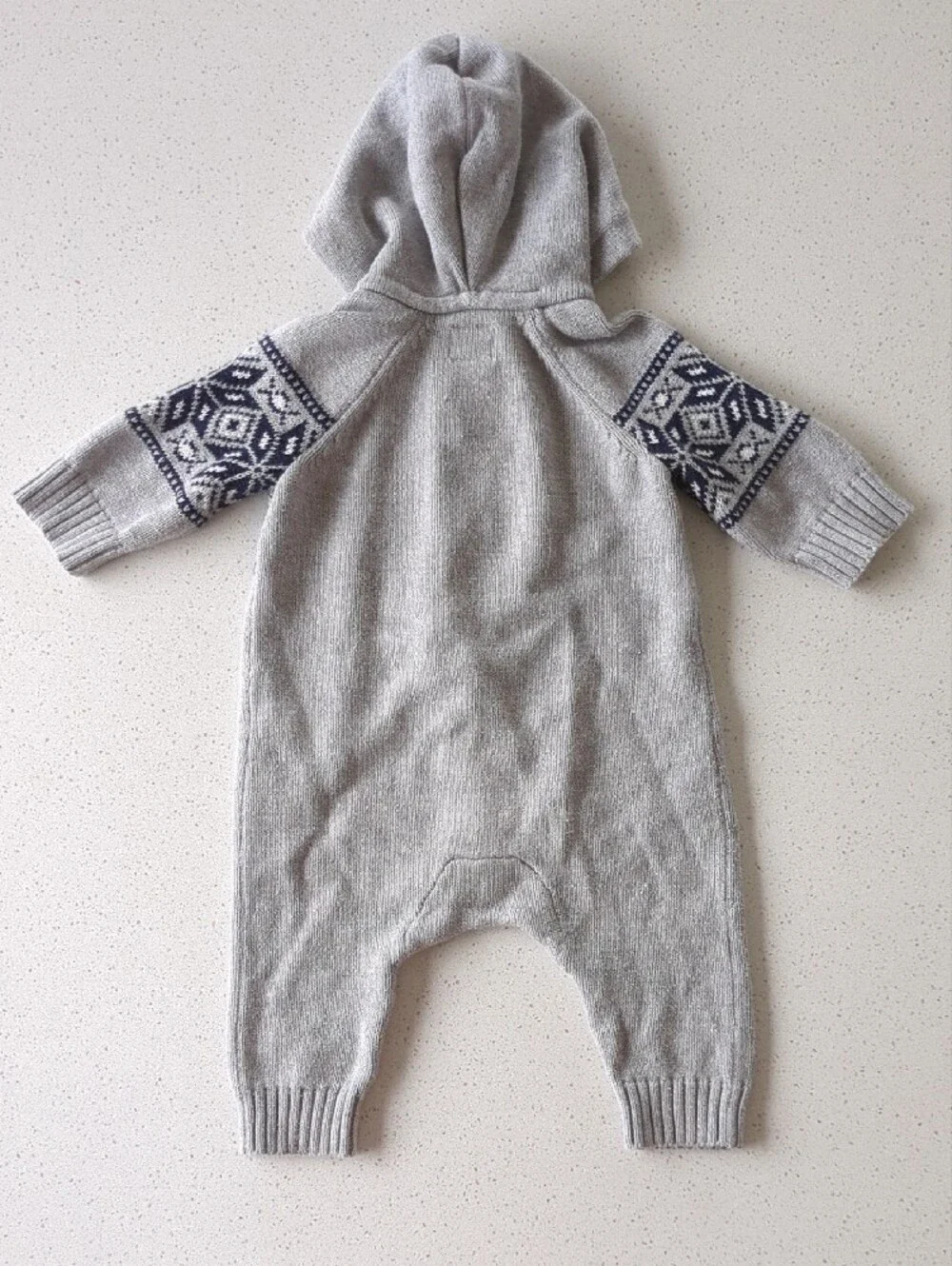 Hooded Knit Baby One-Piece with Nordic Pattern - Light Gray